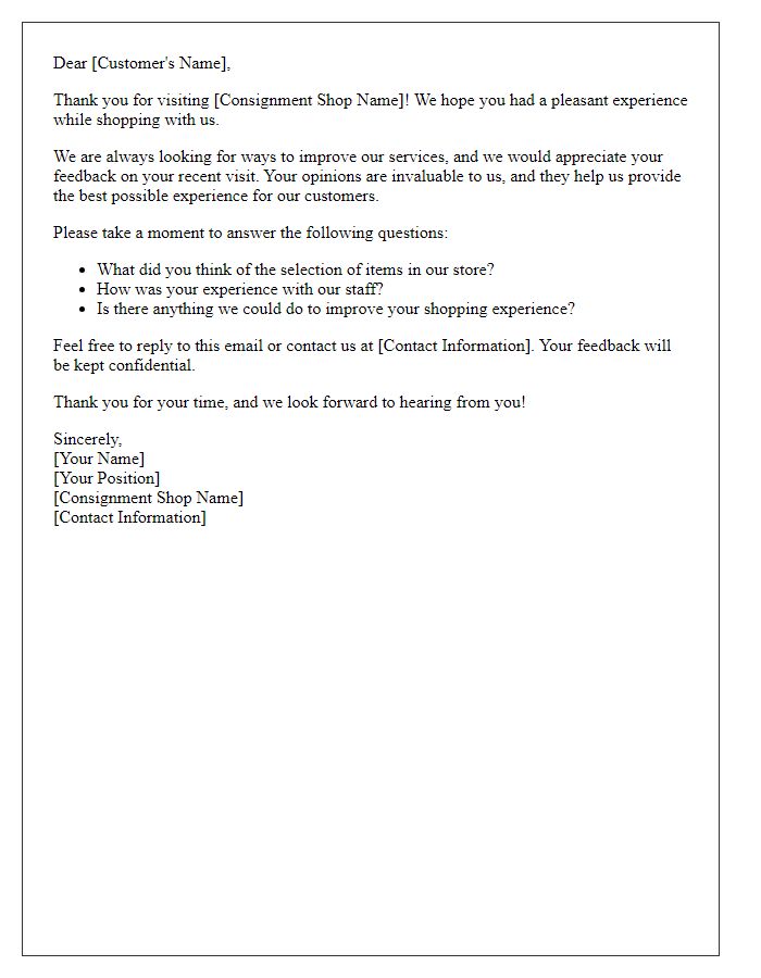 Letter template of feedback request on consignment shop experience