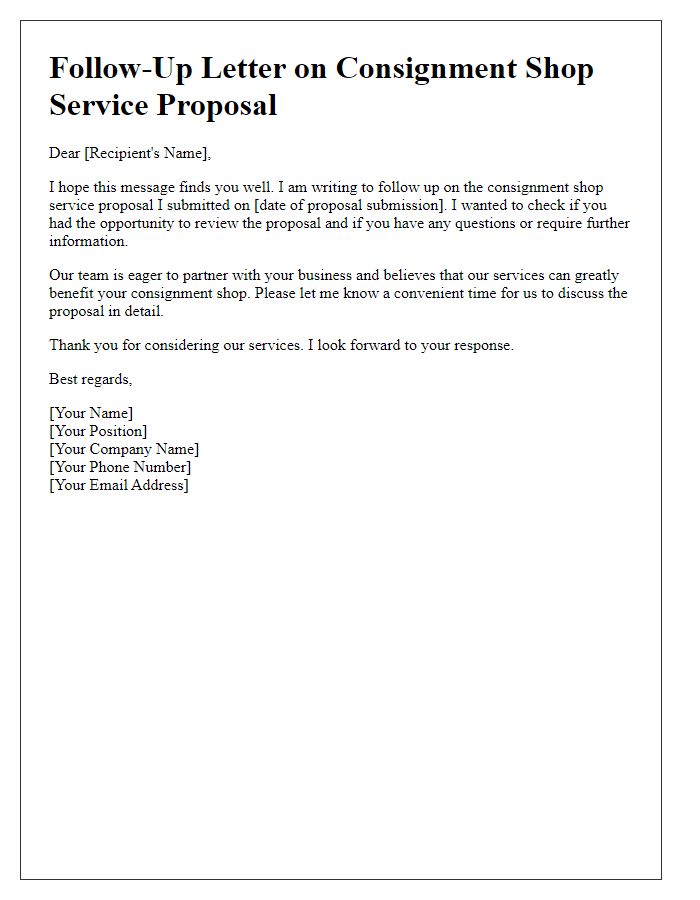 Letter template of follow-up on consignment shop service proposal