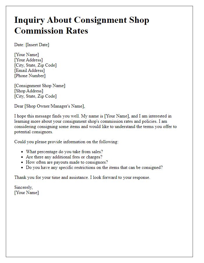 Letter template of inquiry about consignment shop commission rates