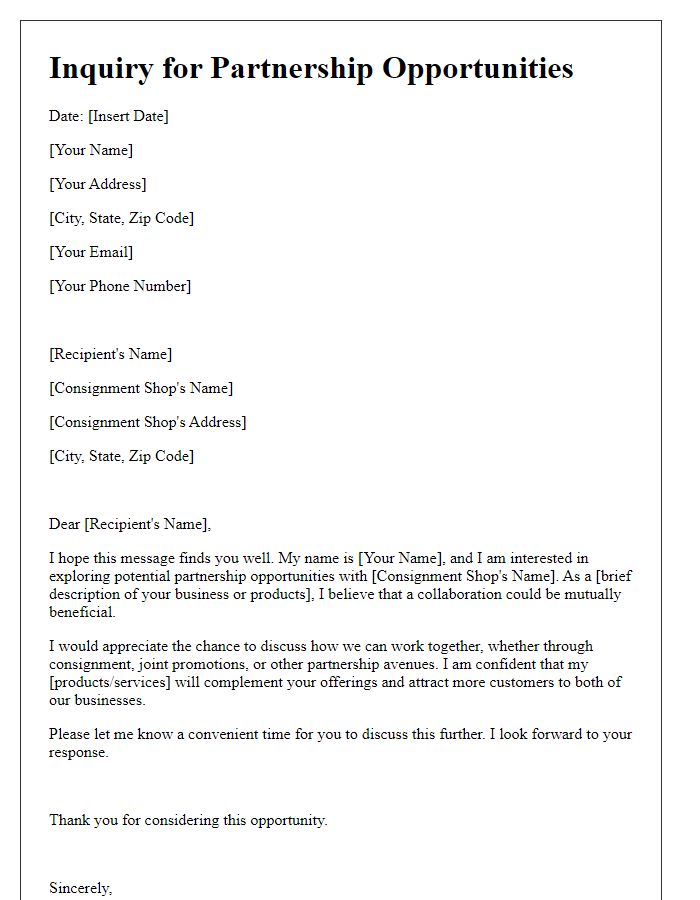 Letter template of inquiry for consignment shop partnership opportunities