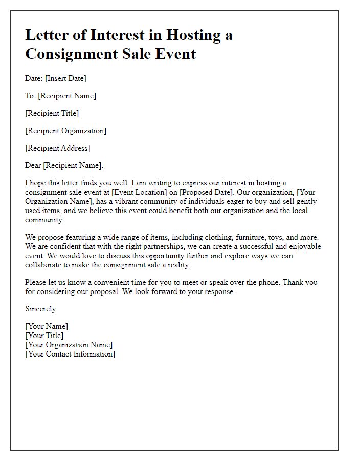 Letter template of interest in hosting a consignment sale event