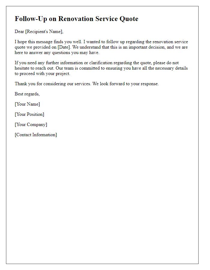 Letter template of follow-up on renovation service quote