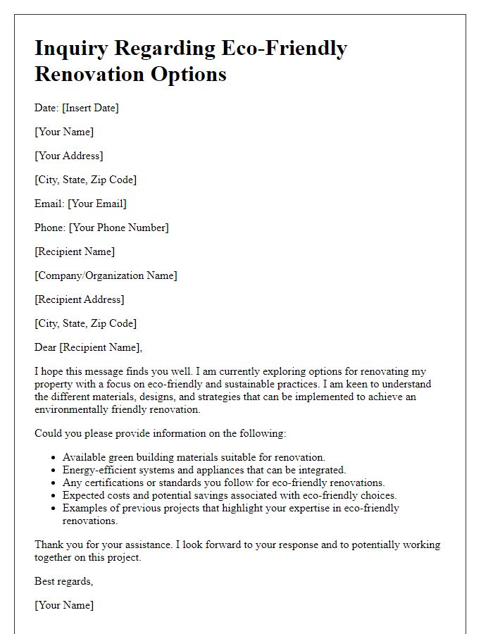 Letter template of inquiry regarding eco-friendly renovation options