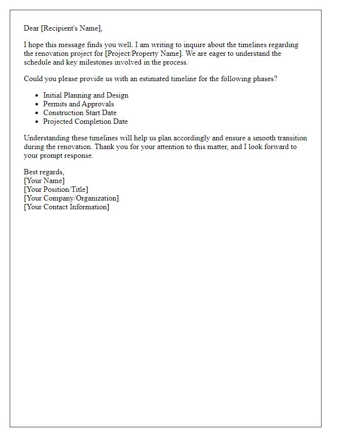 Letter template of question about renovation project timelines