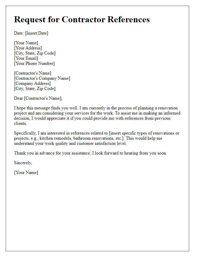 Letter template of request for contractor references for renovation