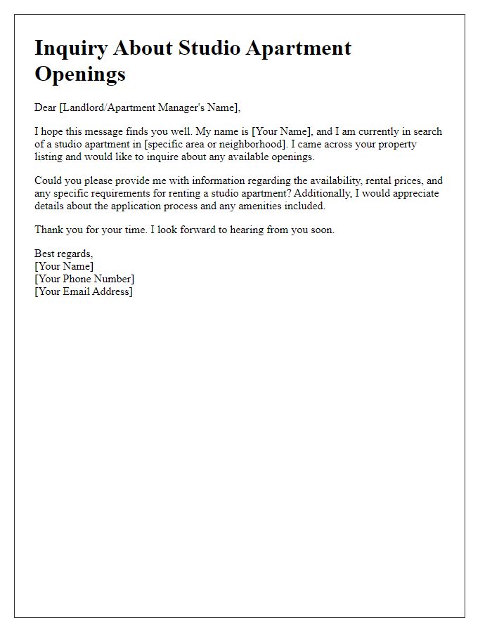 Letter template of inquiry about studio apartment openings