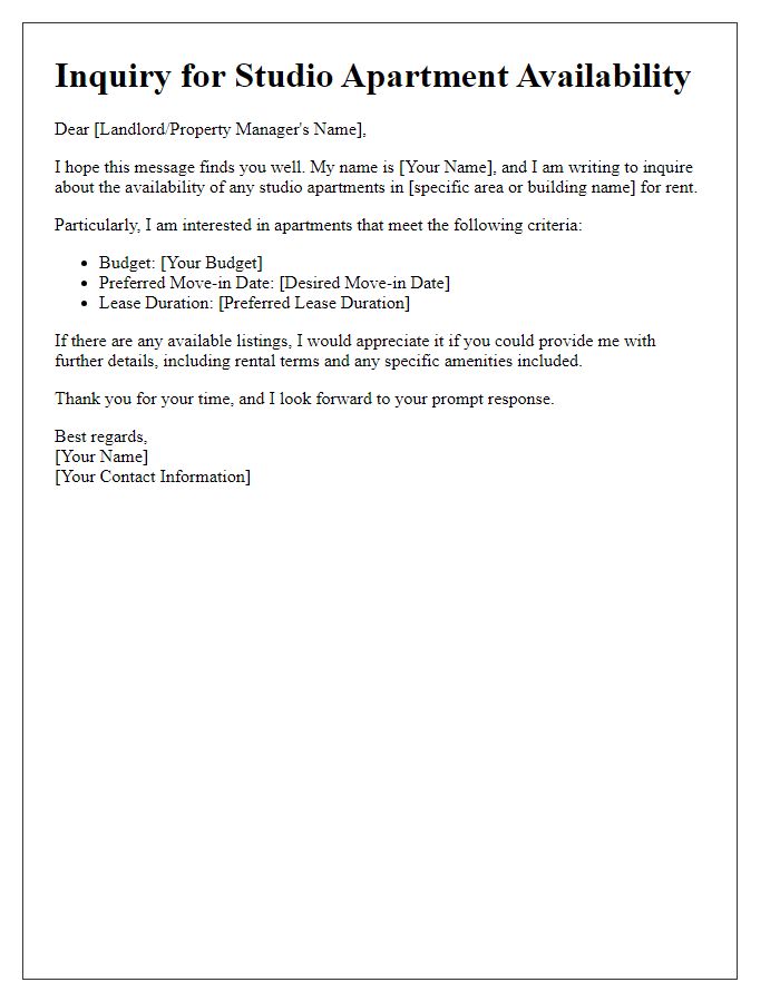 Letter template of inquiry for studio apartment availability