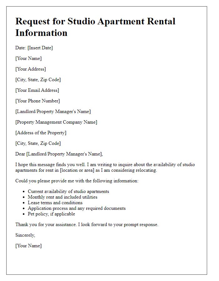 Letter template of request for studio apartment rental information