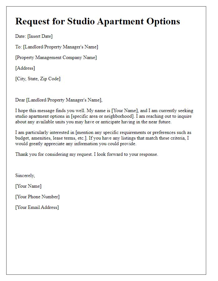 Letter template of solicitation for studio apartment options