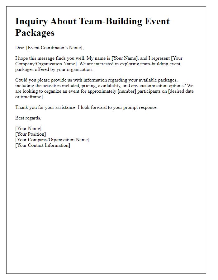 Letter template of asking about team-building event packages