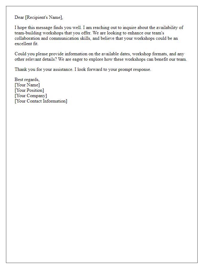 Letter template of asking for availability of team-building workshops