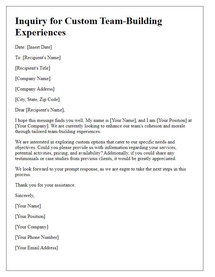 Letter template of inquiry for custom team-building experiences