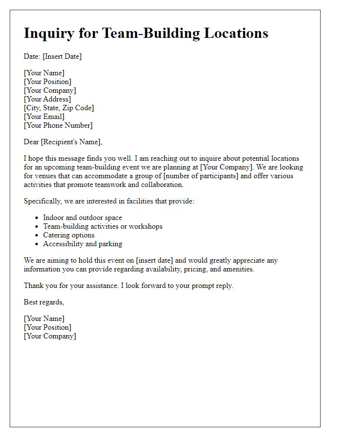 Letter template of inquiry for potential team-building locations