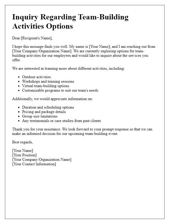 Letter template of inquiry regarding team-building activities options