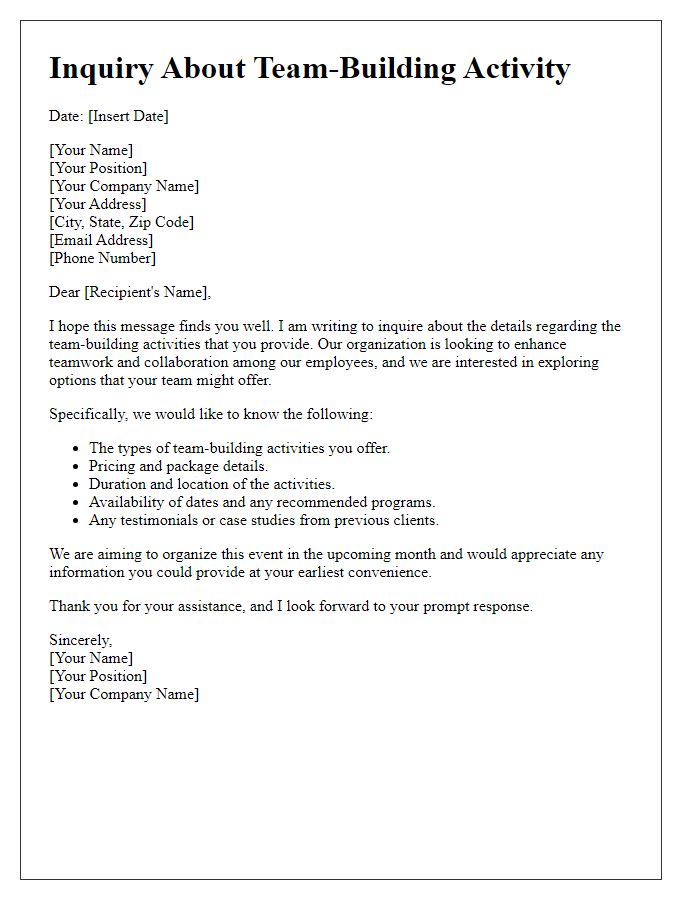 Letter template of inquiry for team-building activity details