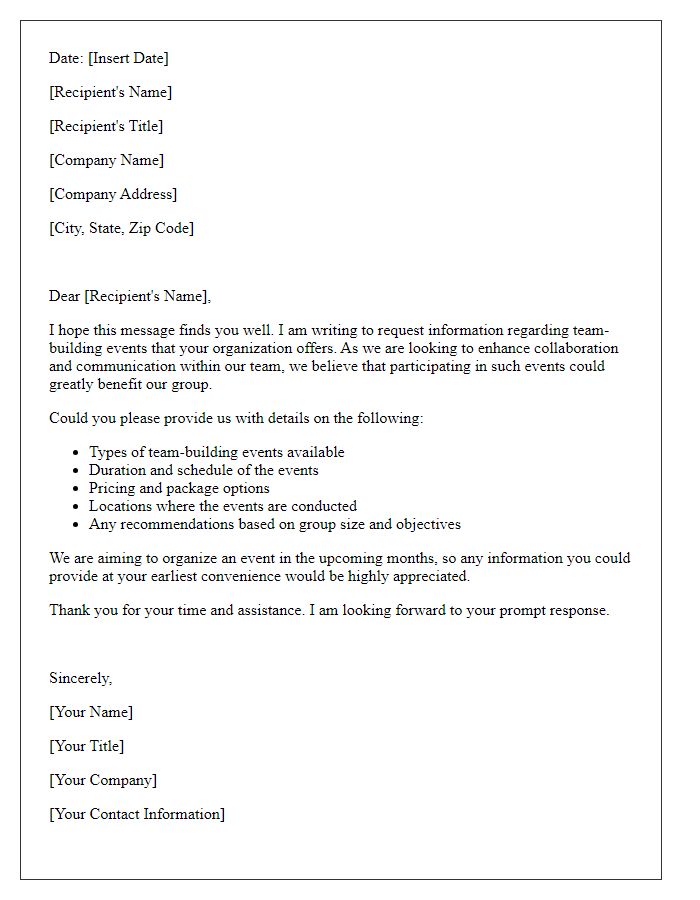 Letter template of request for information on team-building events