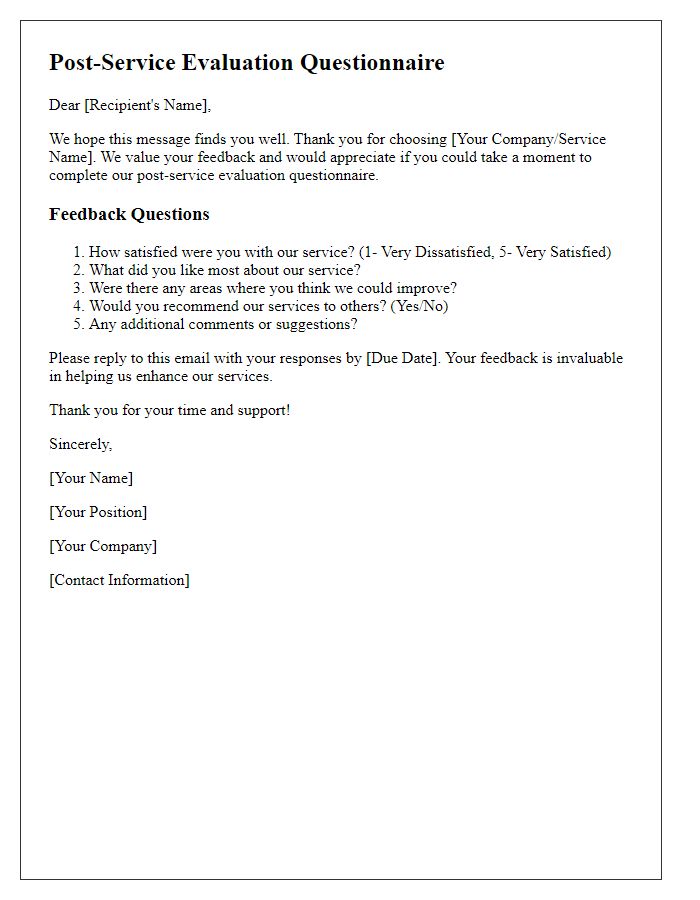 Letter template of post-service evaluation questionnaire.