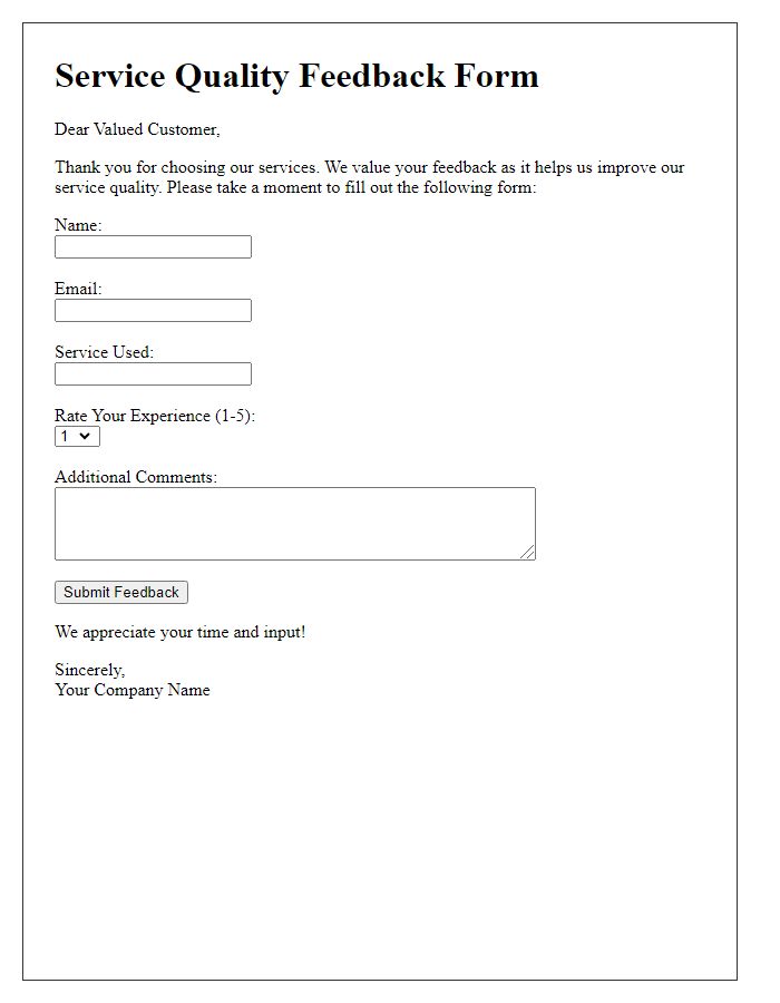 Letter template of service quality feedback form.