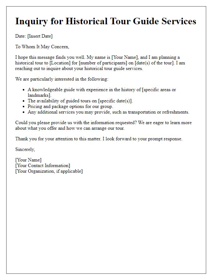 Letter template of inquiry for historical tour guide services