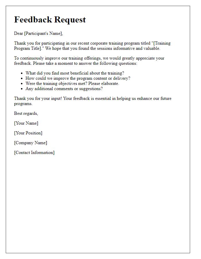 Letter template of feedback request for corporate training program