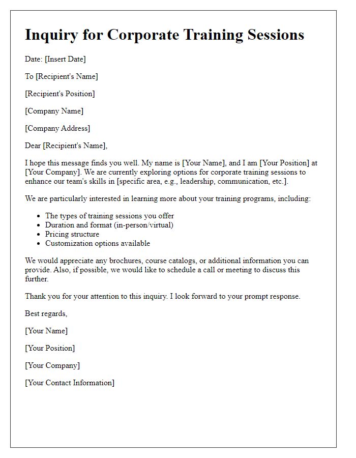 Letter template of inquiry for corporate training sessions