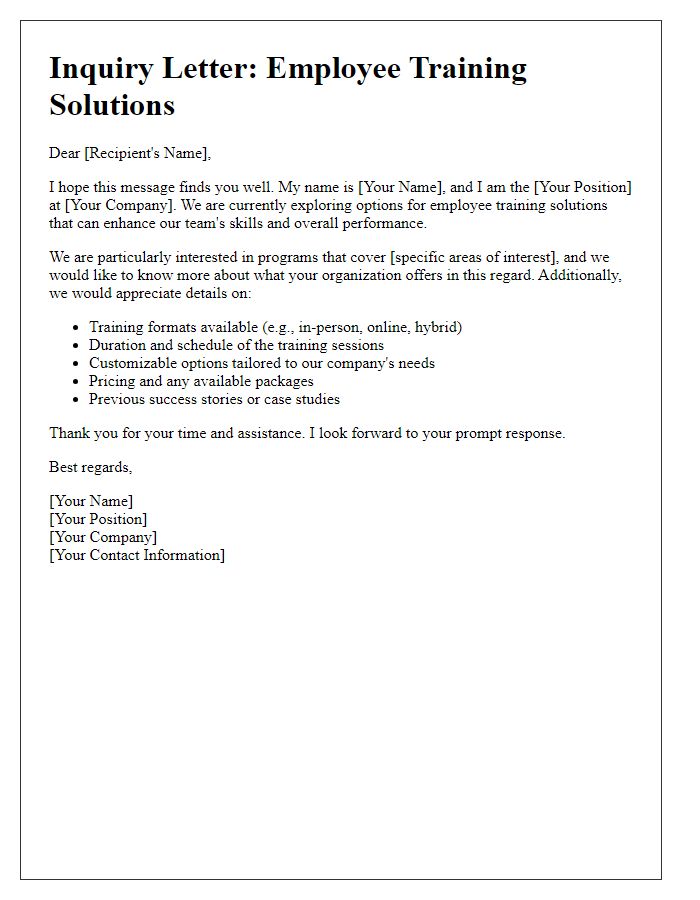 Letter template of inquiry regarding employee training solutions