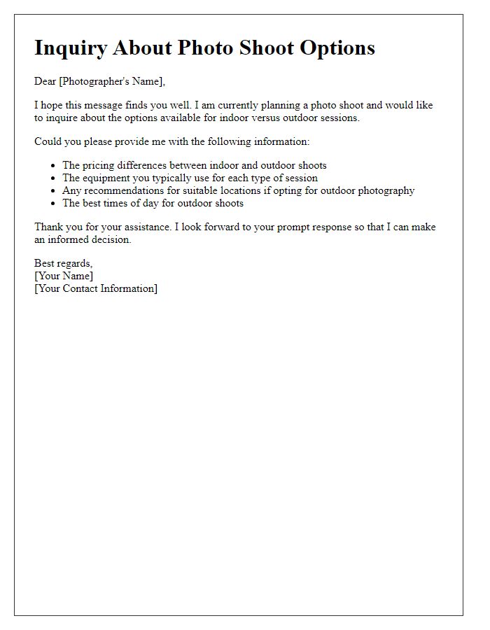 Letter template of inquiry about outdoor vs indoor photo shoot options