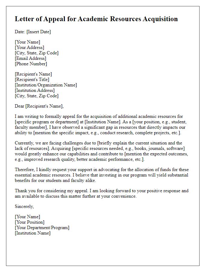 Letter template of appeal for academic resources acquisition