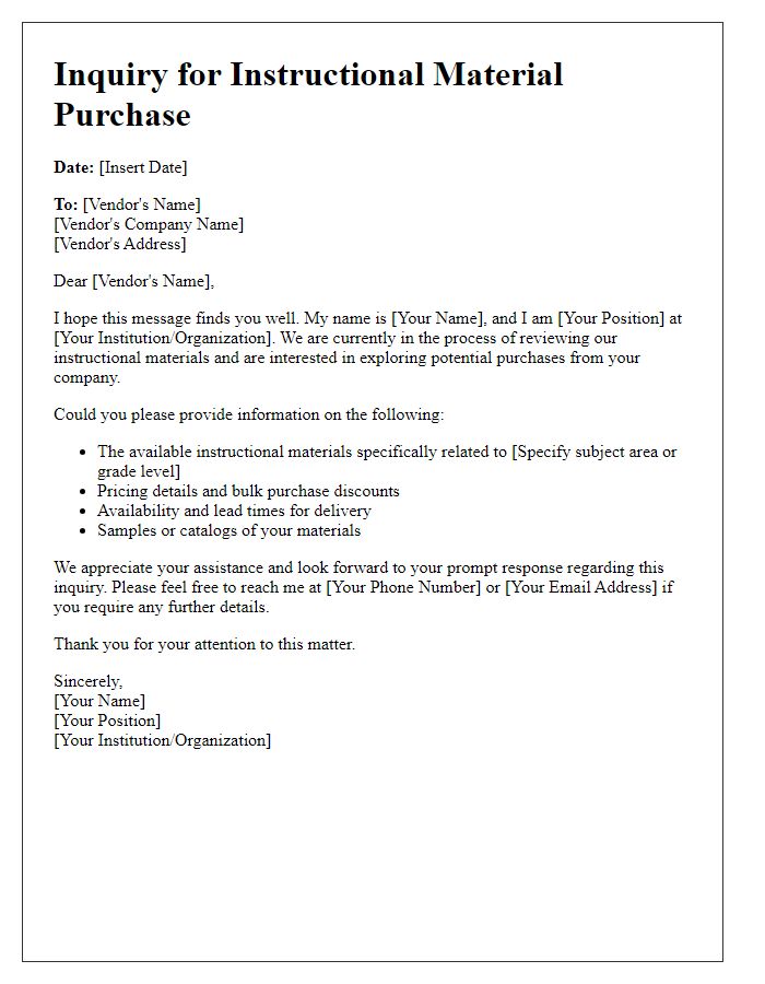 Letter template of inquiry for instructional material purchase