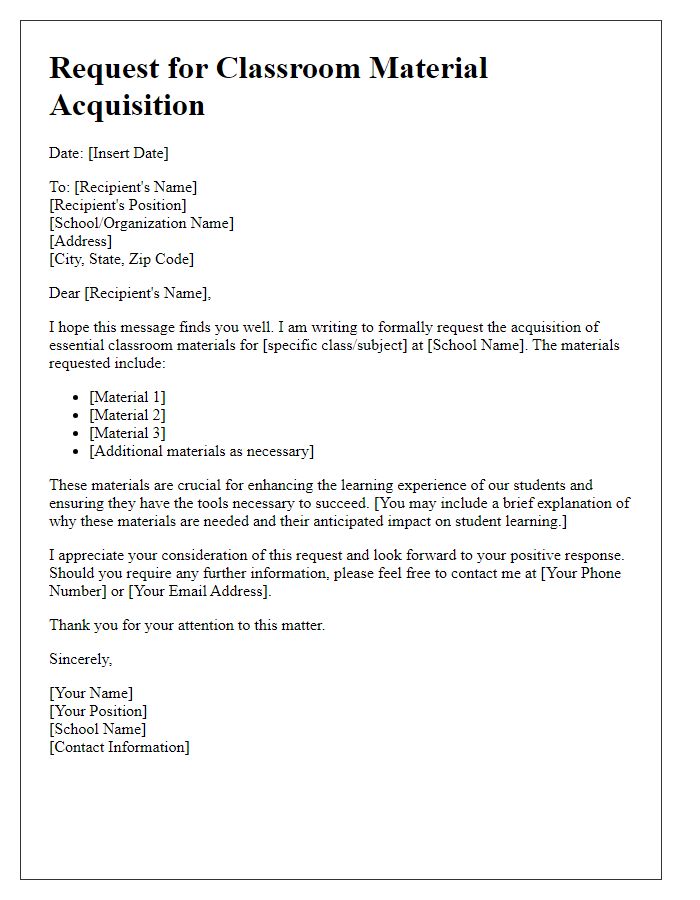 Letter template of request for classroom material acquisition