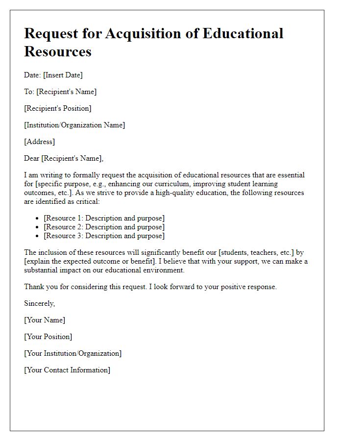 Letter template of request for educational resources acquisition