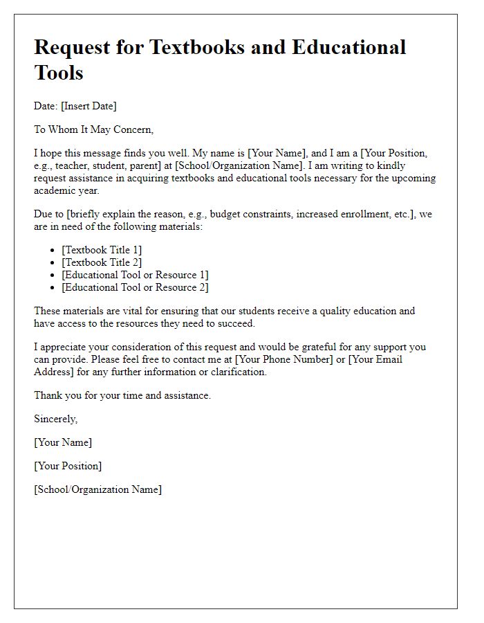 Letter template of request for textbooks and educational tools