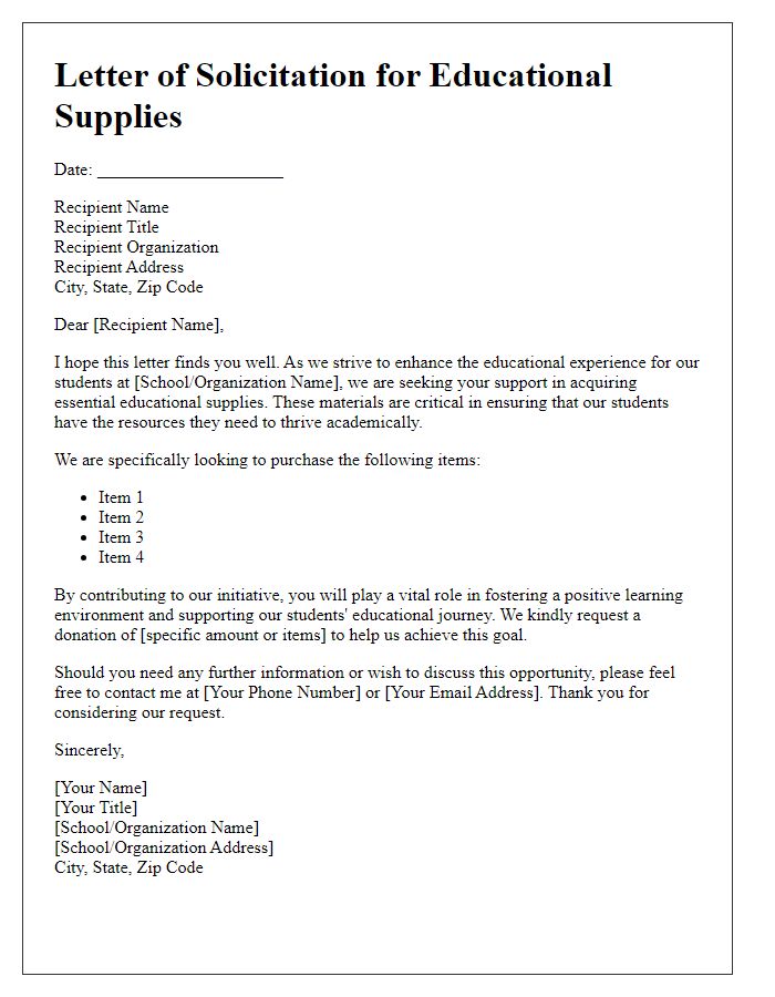 Letter template of solicitation for educational supplies purchase