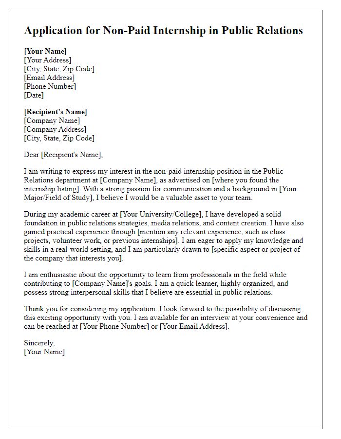 Letter template of application for non-paid internship in public relations