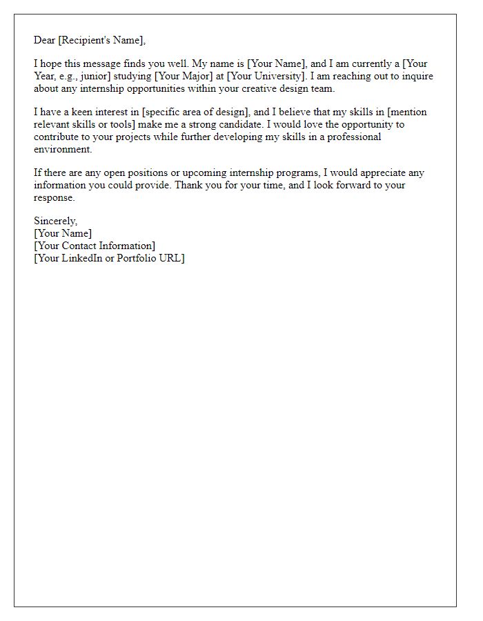 Letter template of inquiry about creative design internship availability