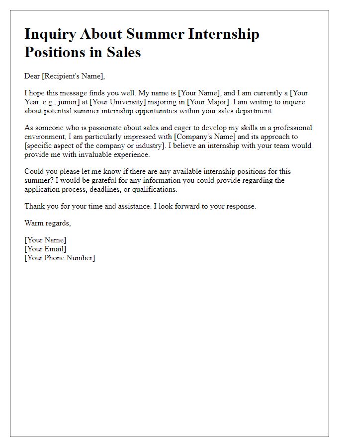 Letter template of inquiry about summer internship positions in sales