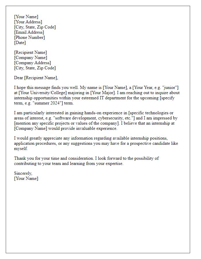 Letter template of inquiry regarding IT internship opportunities