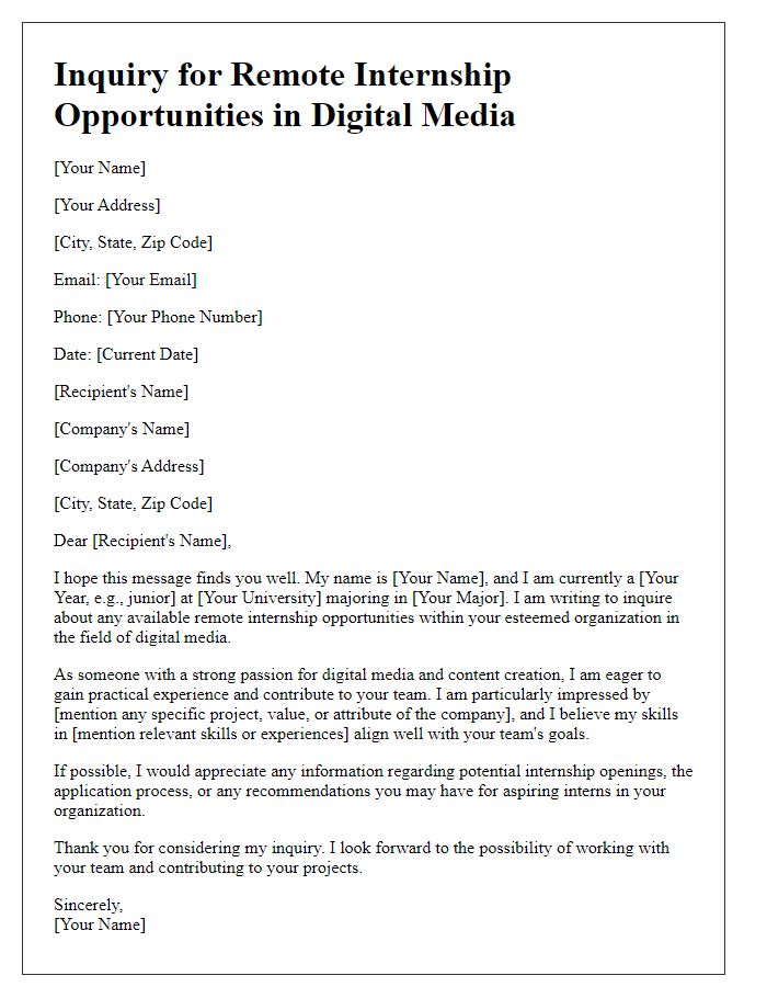 Letter template of inquiry for remote internship opportunities in digital media