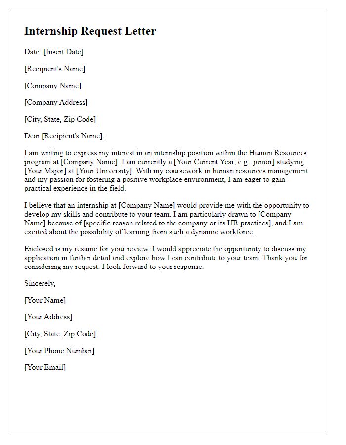 Letter template of internship request for human resources program