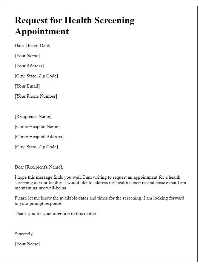 Letter template of request for health screening appointment