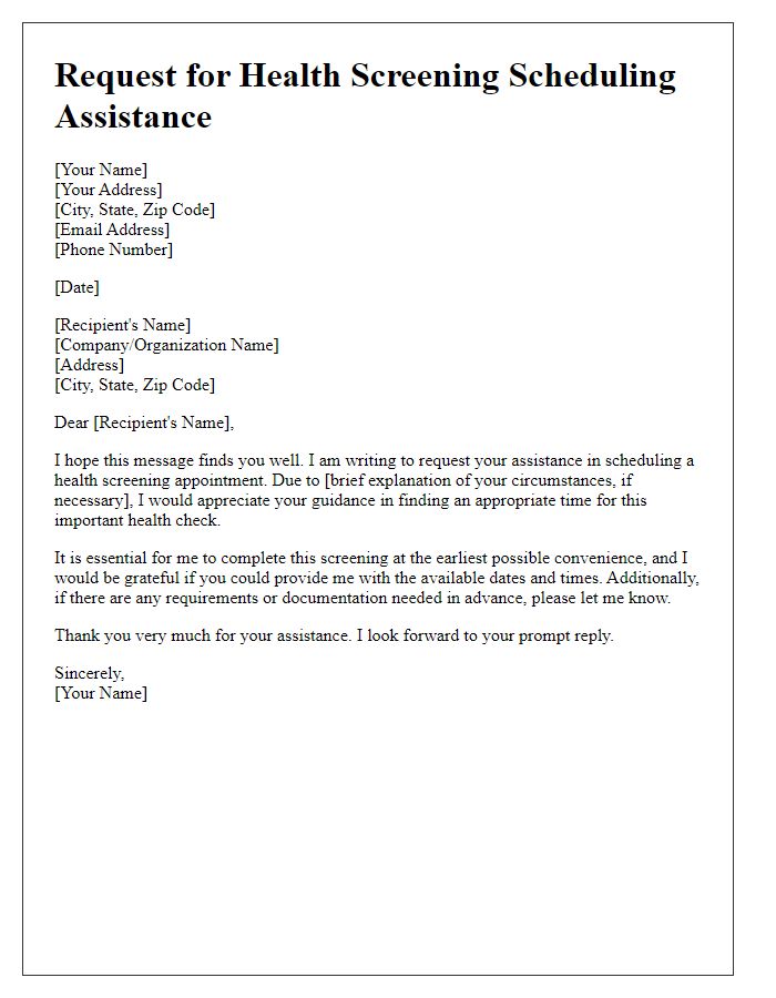 Letter template of request for health screening scheduling assistance