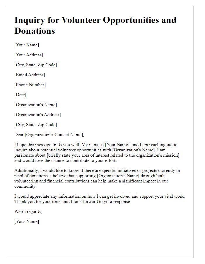 Letter template of inquiry for volunteer opportunities alongside donations