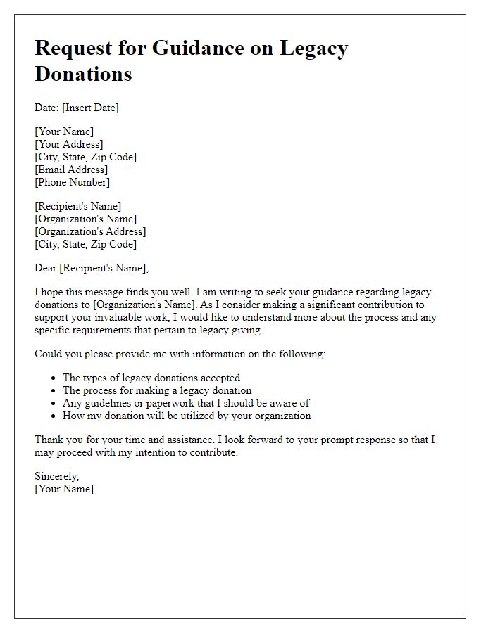 Letter template of request for guidance on legacy donations