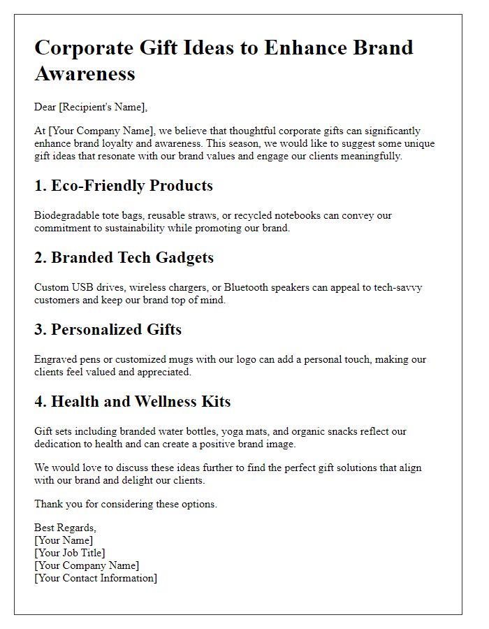 Letter template of corporate gift ideas for brand awareness.