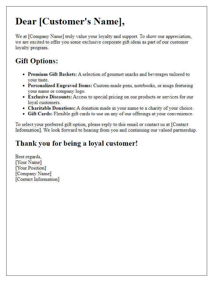 Letter template of corporate gift ideas for customer loyalty programs.