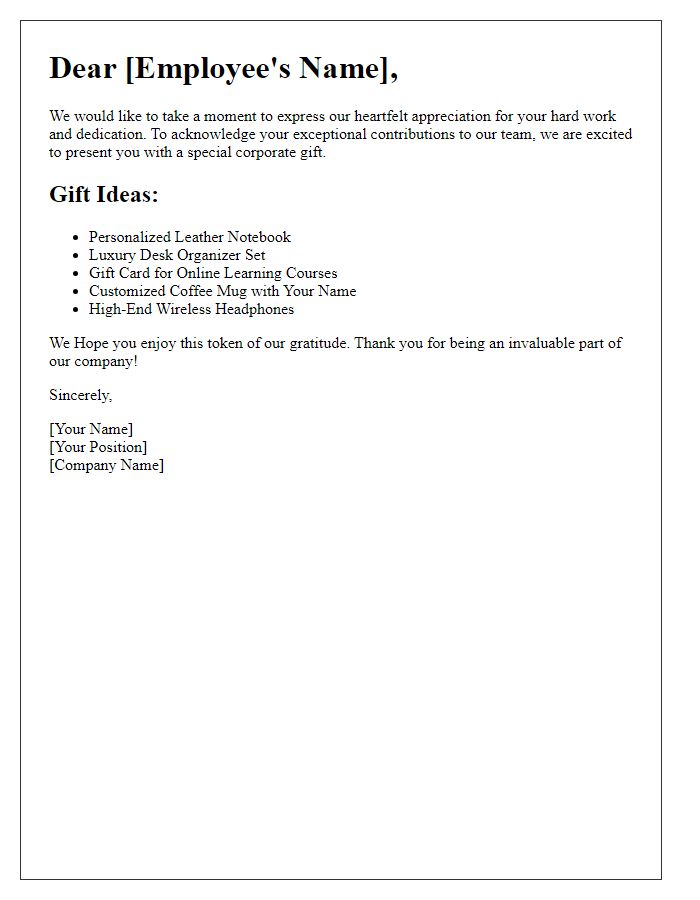 Letter template of corporate gift ideas for employee recognition.