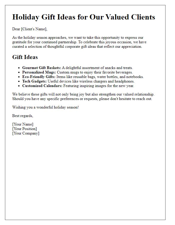 Letter template of corporate gift ideas for holiday celebrations.