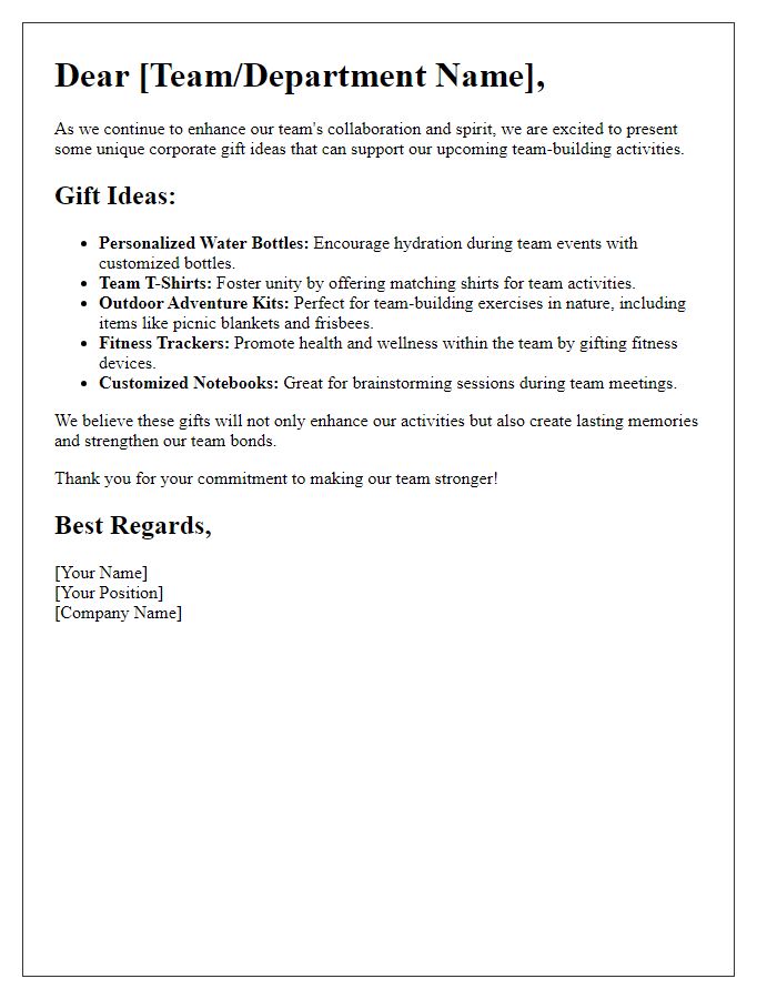 Letter template of corporate gift ideas for team-building activities.