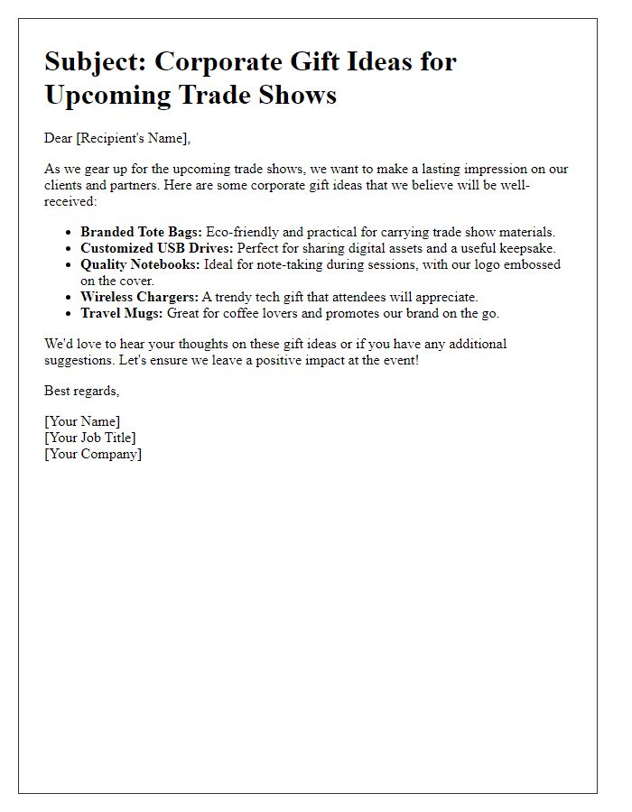 Letter template of corporate gift ideas for trade shows.