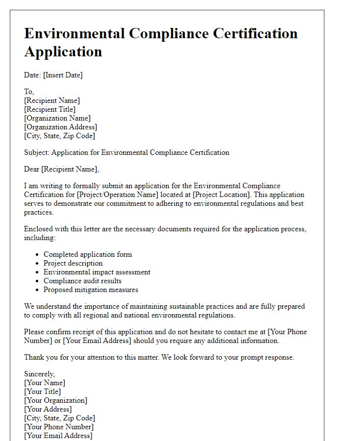 Letter template of environmental compliance certification application